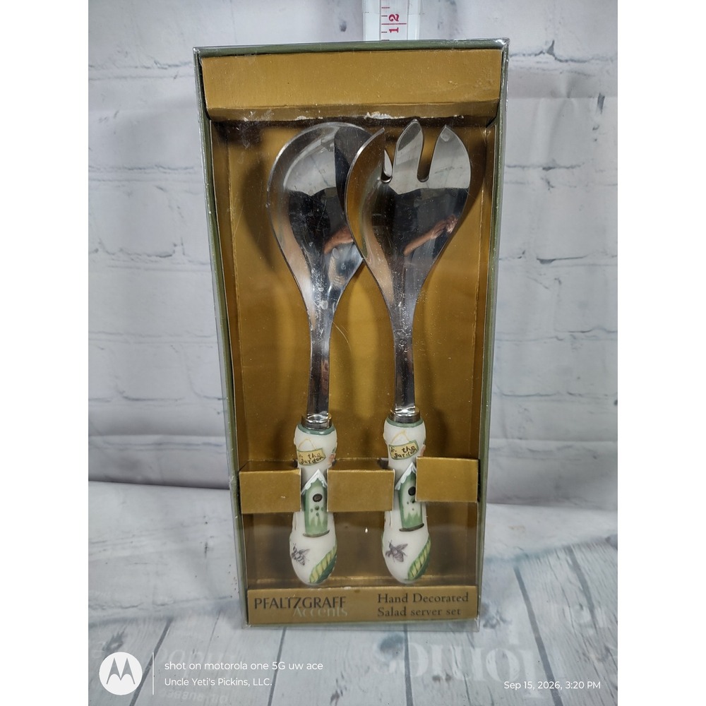 Pfaltzgraff Accents Salad Server Set Hand Decorated Birdhouse Bee 2 Piece 9.5in